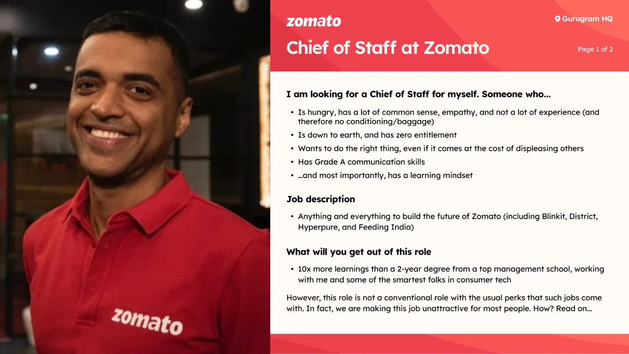 Deepinder Goyal seeks Zomato chief of staff: Forget salary, pay ₹20 lakh for the privilege